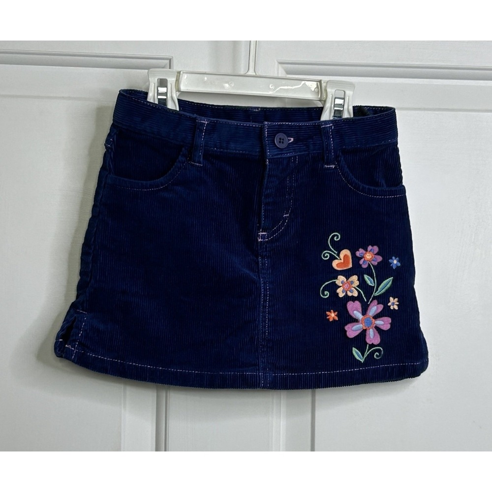 Hartstrings Corduroy Skirt Girls 4T Blue Embroidered Floral Adjustable Waist